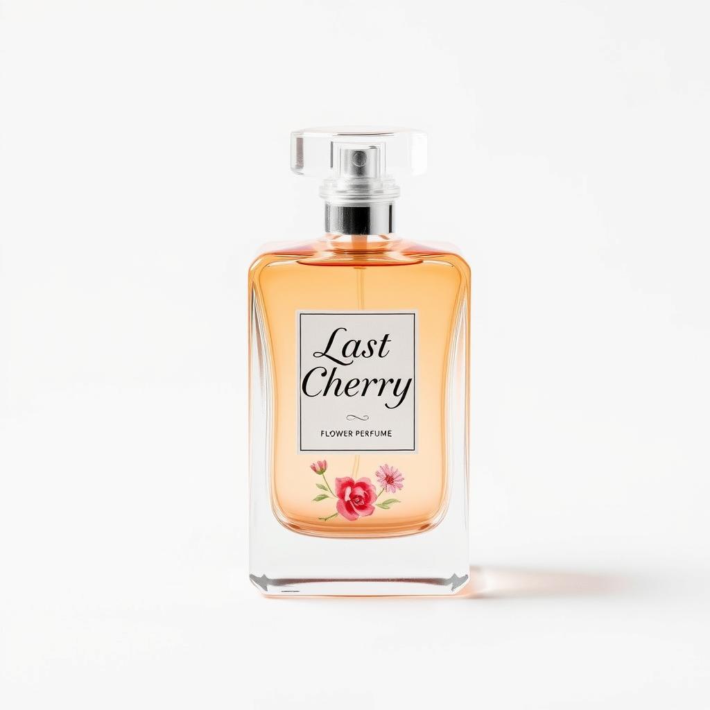 A simple glass perfume bottle placed on a white background, featuring stylish typography that reads 'Last Cherry' and 'Flower Perfume'