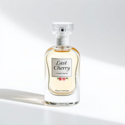 A simple glass perfume bottle placed on a white background, featuring stylish typography that reads 'Last Cherry' and 'Flower Perfume'