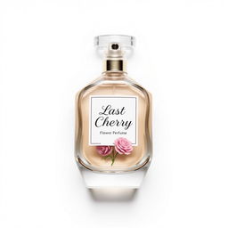 A simple glass perfume bottle placed on a white background, featuring stylish typography that reads 'Last Cherry' and 'Flower Perfume'