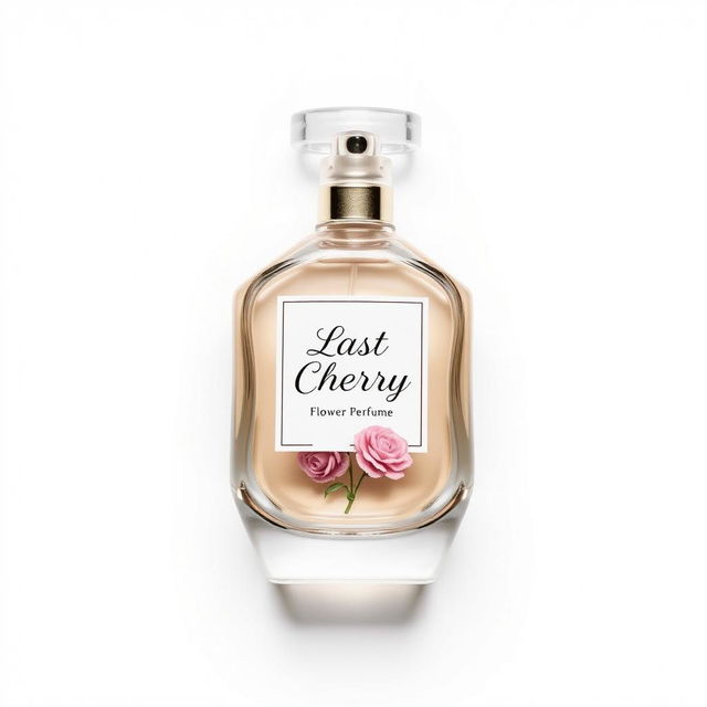 A simple glass perfume bottle placed on a white background, featuring stylish typography that reads 'Last Cherry' and 'Flower Perfume'