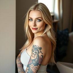 A blonde woman with a striking tattoo covering her entire left arm stands confidently, posing for the camera against a neutral wall in her cozy home