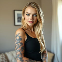 A blonde woman with a striking tattoo covering her entire left arm stands confidently, posing for the camera against a neutral wall in her cozy home