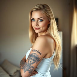 A blonde woman with a striking tattoo covering her entire left arm stands confidently, posing for the camera against a neutral wall in her cozy home