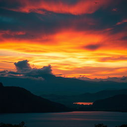 A stunning cinematic scene featuring a dramatic sunset over a sweeping landscape, showcasing vivid oranges, pinks, and purples in the sky
