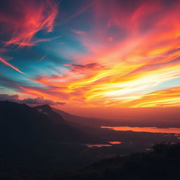 A stunning cinematic scene featuring a dramatic sunset over a sweeping landscape, showcasing vivid oranges, pinks, and purples in the sky