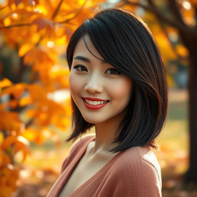 A captivating Asian beauty woman featuring a timeless bob hairstyle with dark, rich hair color