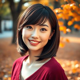 A captivating Asian beauty woman featuring a timeless bob hairstyle with dark, rich hair color