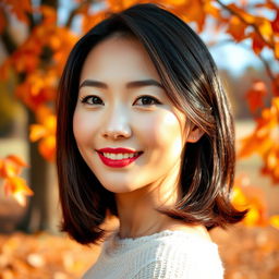 A captivating Asian beauty woman featuring a timeless bob hairstyle with dark, rich hair color