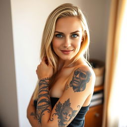 A blonde woman with a striking tattoo that covers her entire left arm stands confidently while posing for the camera against a neutral wall in her cozy home