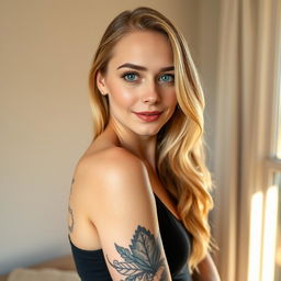 A blonde woman with a striking tattoo that covers her entire left arm stands confidently while posing for the camera against a neutral wall in her cozy home