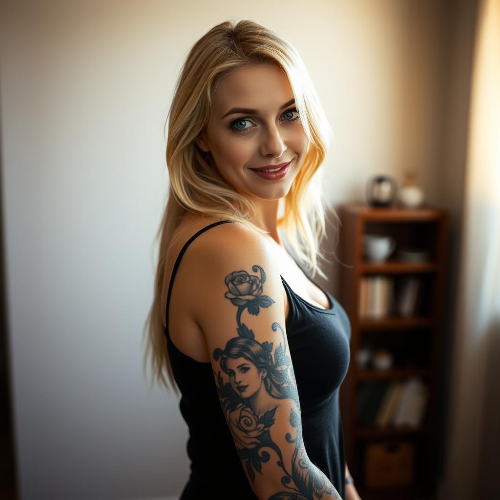 A blonde woman with a striking tattoo that covers her entire left arm stands confidently while posing for the camera against a neutral wall in her cozy home