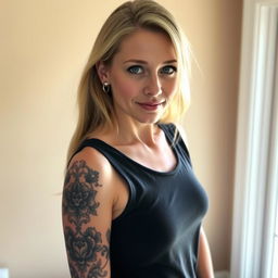 A blonde woman with a striking tattoo covering her entire left arm stands confidently, posing for the camera against a neutral wall in her cozy home