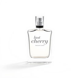 A simple perfume bottle on a white background, featuring elegant and clear lettering that says 'Last Cherry' along with the phrase 'Perfume Flower'