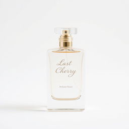 A simple perfume bottle on a white background, featuring elegant and clear lettering that says 'Last Cherry' along with the phrase 'Perfume Flower'