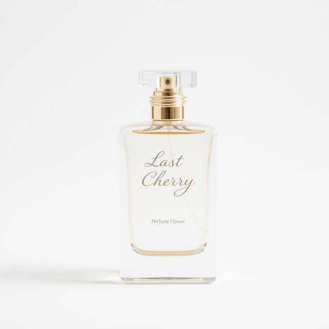 A simple perfume bottle on a white background, featuring elegant and clear lettering that says 'Last Cherry' along with the phrase 'Perfume Flower'