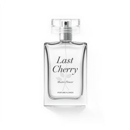 A simple perfume bottle on a white background, featuring elegant and clear lettering that says 'Last Cherry' along with the phrase 'Perfume Flower'