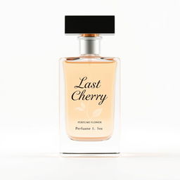 A simple perfume bottle on a white background, featuring elegant and clear lettering that says 'Last Cherry' along with the phrase 'Perfume Flower'