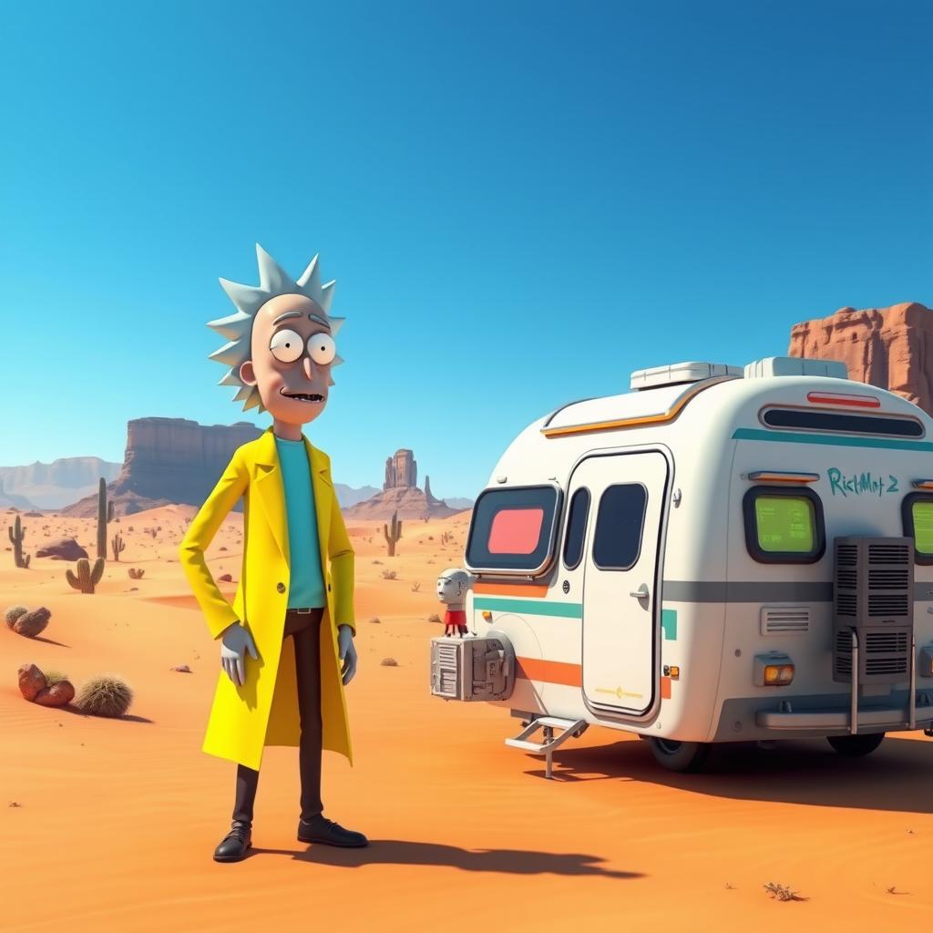 Rick and Morty in a vibrant 3D desert landscape, both wearing futuristic yellow lab coats, standing next to a high-tech, mobile research laboratory that's styled like a caravan