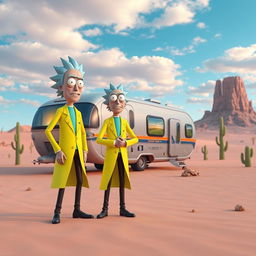 Rick and Morty in a vibrant 3D desert landscape, both wearing futuristic yellow lab coats, standing next to a high-tech, mobile research laboratory that's styled like a caravan