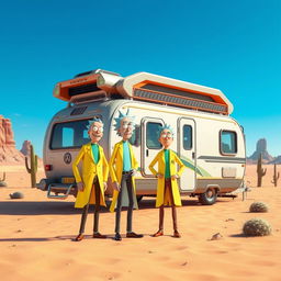 Rick and Morty in a vibrant 3D desert landscape, both wearing futuristic yellow lab coats, standing next to a high-tech, mobile research laboratory that's styled like a caravan