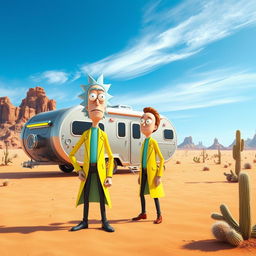 Rick and Morty in a vibrant 3D desert landscape, both wearing futuristic yellow lab coats, standing next to a high-tech, mobile research laboratory that's styled like a caravan