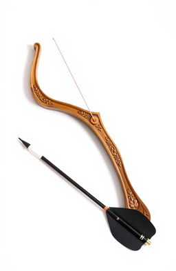 A simple yet elegant archery setup featuring a beautifully crafted wooden arch with intricate carvings, a colorful bowstring, and a sleek, modern arrow resting against it