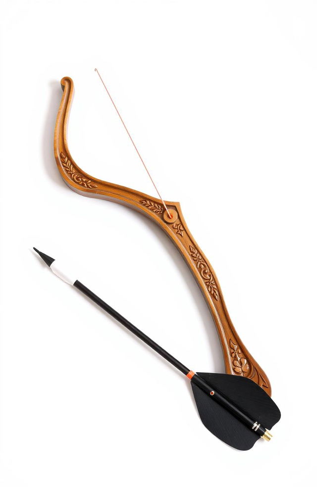 A simple yet elegant archery setup featuring a beautifully crafted wooden arch with intricate carvings, a colorful bowstring, and a sleek, modern arrow resting against it