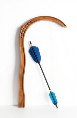 A simple yet elegant archery setup featuring a beautifully crafted wooden arch with intricate carvings, a colorful bowstring, and a sleek, modern arrow resting against it