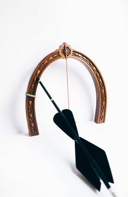 A simple yet elegant archery setup featuring a beautifully crafted wooden arch with intricate carvings, a colorful bowstring, and a sleek, modern arrow resting against it