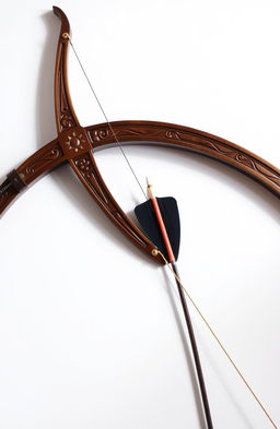 A simple yet elegant archery setup featuring a beautifully crafted wooden arch with intricate carvings, a colorful bowstring, and a sleek, modern arrow resting against it