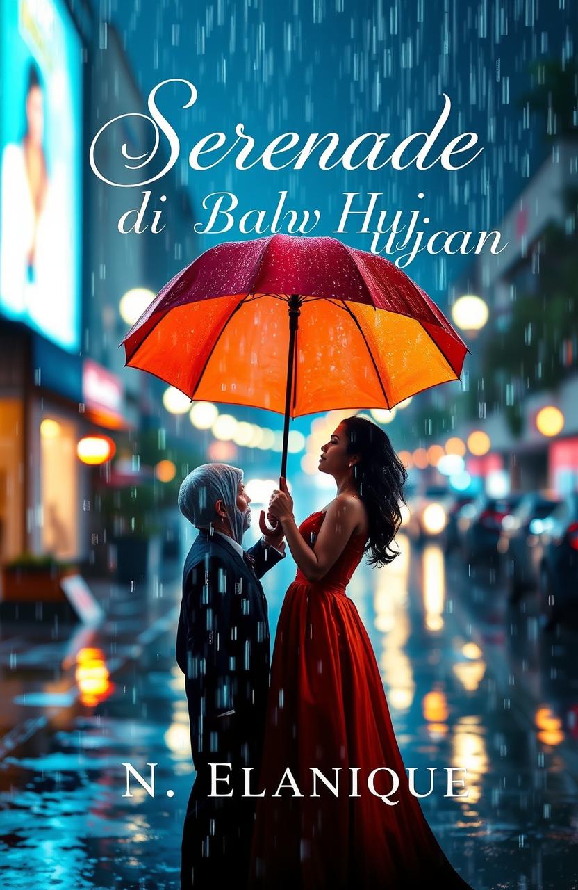 A captivating book cover for a novel titled 'Serenade di Bawah Hujan' by N