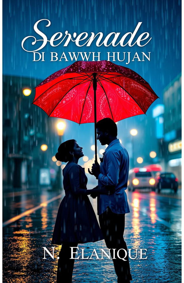 A captivating book cover for a novel titled 'Serenade di Bawah Hujan' by N