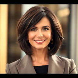 A confident American woman with an empowered elegance, showcasing a timeless classic bob hairstyle with dark fall hair color