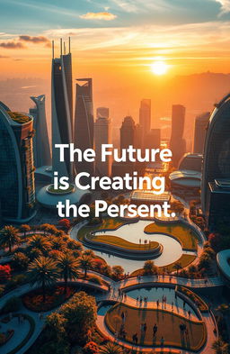 A stunningly beautiful modern landscape depicting a futuristic city with innovative architecture, featuring warm colors that create an inviting atmosphere