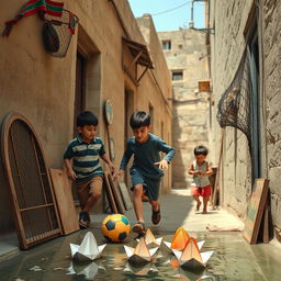 A nostalgic scene depicting Iranian teenagers in their childhood, playing football with a colorful ball in a narrow alley