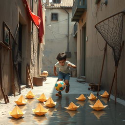 A nostalgic scene depicting Iranian teenagers in their childhood, playing football with a colorful ball in a narrow alley
