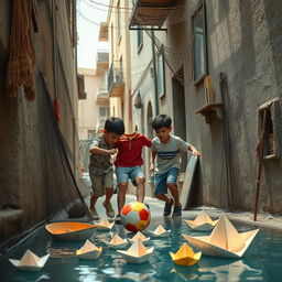 A nostalgic scene depicting Iranian teenagers in their childhood, playing football with a colorful ball in a narrow alley