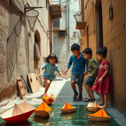 A nostalgic scene depicting Iranian teenagers in their childhood, playing football with a colorful ball in a narrow alley