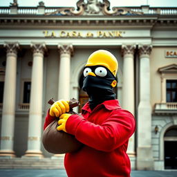 Homer Simpson dressed as a bank robber inspired by 'Money Heist' (La Casa de Papel), standing dramatically in front of the Central Bank of Spain