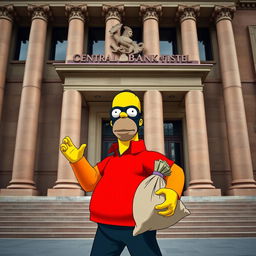Homer Simpson dressed as a bank robber inspired by 'Money Heist' (La Casa de Papel), standing dramatically in front of the Central Bank of Spain