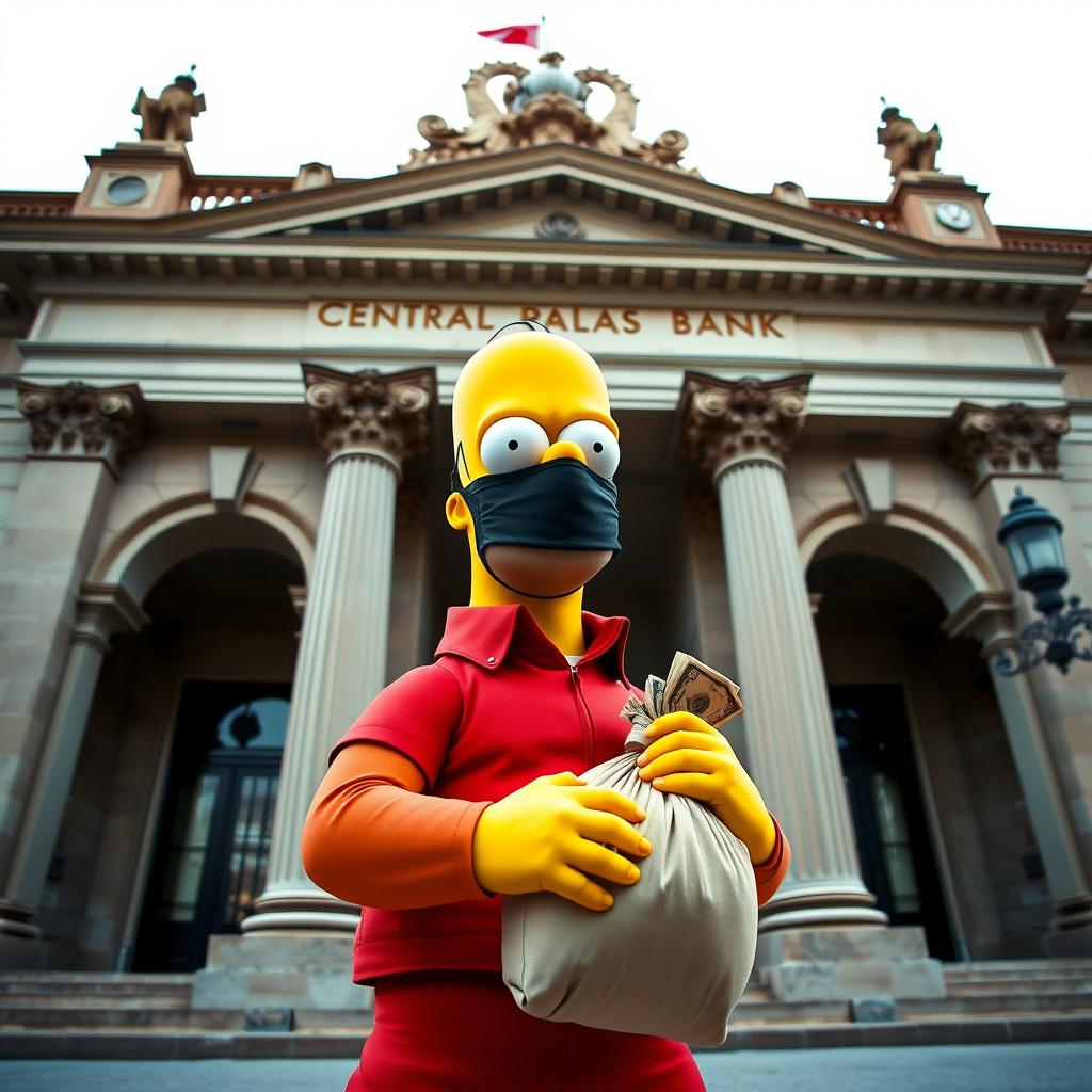 Homer Simpson dressed as a bank robber inspired by 'Money Heist' (La Casa de Papel), standing dramatically in front of the Central Bank of Spain