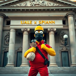 Homer Simpson dressed as a bank robber inspired by 'Money Heist' (La Casa de Papel), standing dramatically in front of the Central Bank of Spain