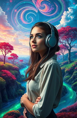 A young woman wearing large headphones stands confidently in a surreal landscape where nature seamlessly blends with technology