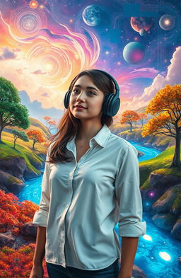 A young woman wearing large headphones stands confidently in a surreal landscape where nature seamlessly blends with technology