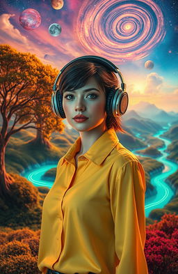 A young woman wearing large headphones stands confidently in a surreal landscape where nature seamlessly blends with technology
