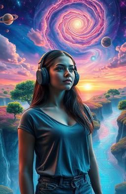 A young woman wearing large headphones stands confidently in a surreal landscape where nature seamlessly blends with technology