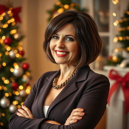 An empowered and joyful American woman stands confidently in an elegant Christmas setting