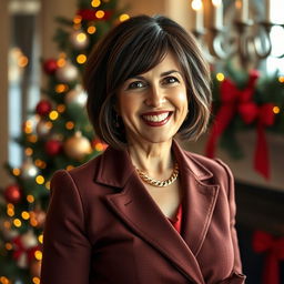 An empowered and joyful American woman stands confidently in an elegant Christmas setting