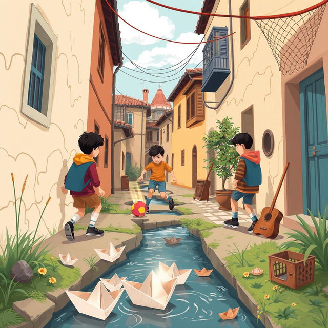 A nostalgic cartoon and fantasy-themed illustration depicting the childhood of Iranian teenagers