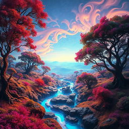 A surreal landscape where nature and technology blend harmoniously, showcasing vibrant colors and striking contrasts